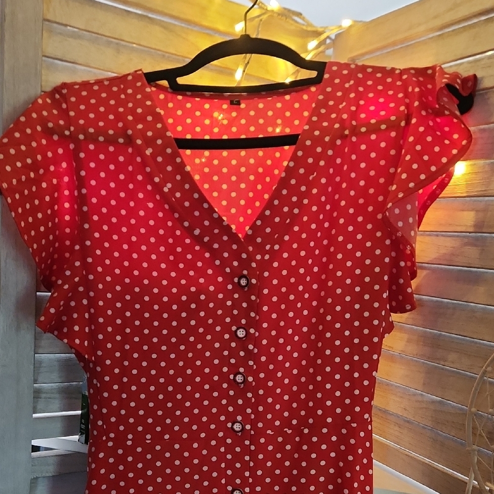 Red Ruffled Cap Sleeve Dress with Notched Collar & Belt Sz L